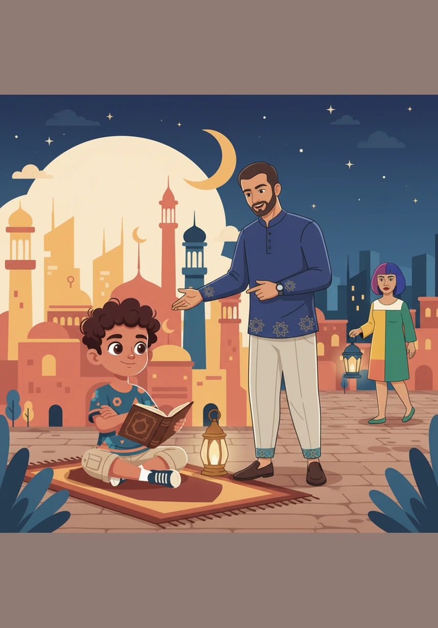 From that day on, Omar always remembers to put his things away with a happy and helpful heart. He walks hand-in-hand with his father toward the mosque, knowing that listening and helping makes him the happiest boy of all.