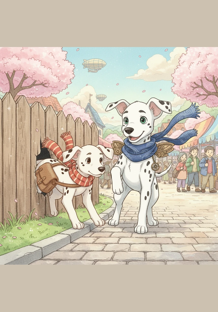 The two brothers squeeze through the hole, one spotty tail after another. They stand on the sidewalk for the first time, ears perked up at the sounds of the bustling town.