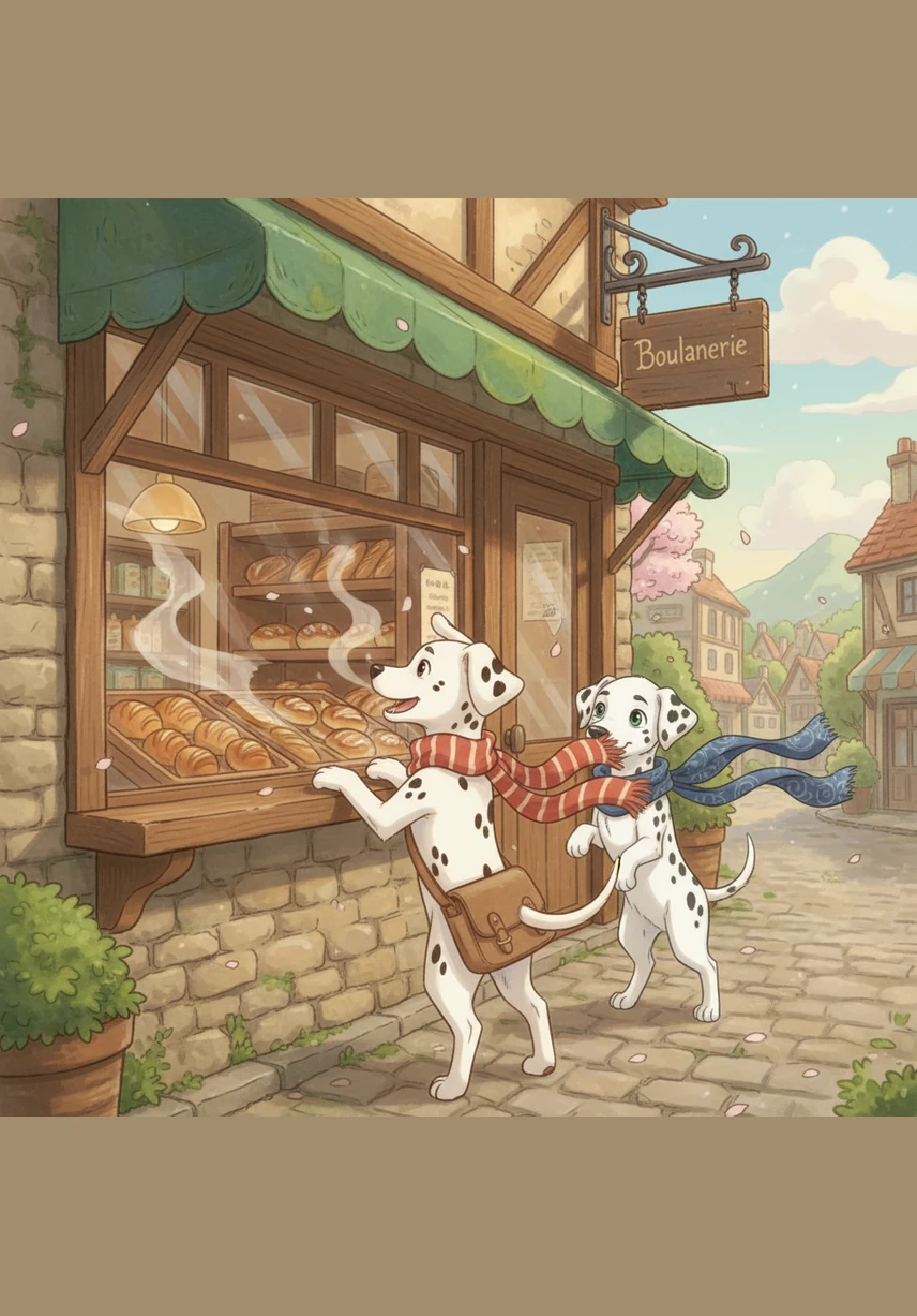 Their first stop is the local bakery, where the scent of fresh bread fills the air. Matrix stands on his hind legs to peek at the window, his mouth watering at the sight of golden rolls.