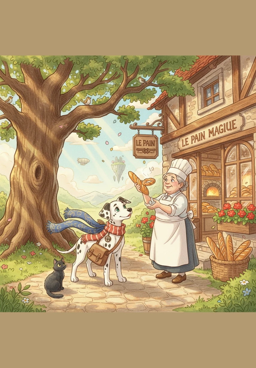 A baker comes out with a tray, and in the confusion, Matrix snags a stray bagel. Bobby watches in shock as his brother trots away with the prize, crumbs falling onto his paws.