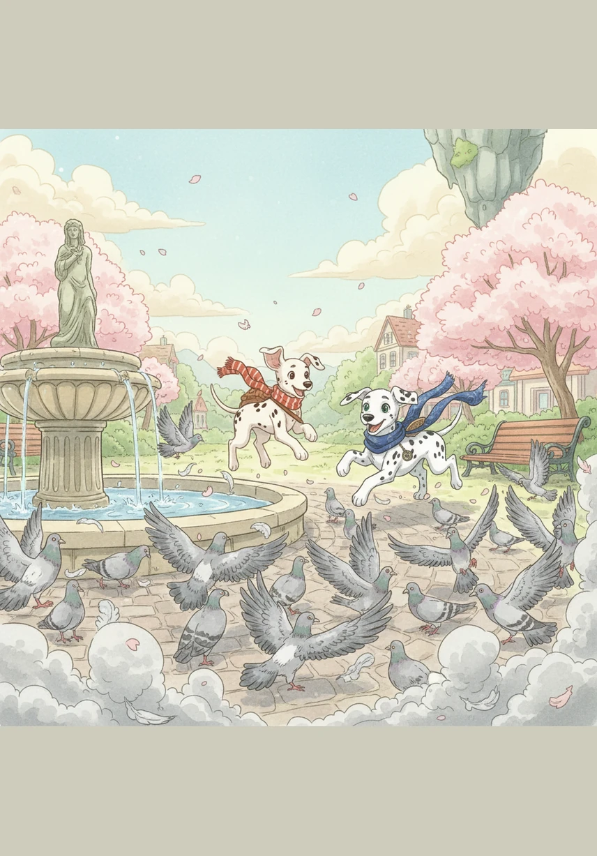 They run to the town park, where a group of pigeons is gathered near a fountain. Bobby forgets his caution and joins Matrix in a playful charge, sending a cloud of grey feathers into the sky.