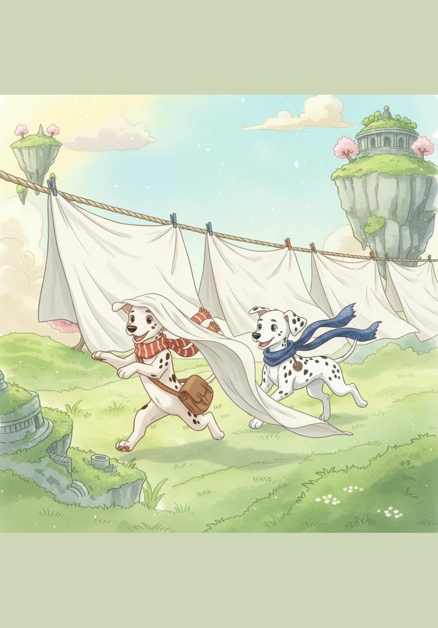 They spot a laundry line full of white sheets waving in the wind. Thinking it’s a giant game of hide-and-seek, they run through the fabric, getting tangled in the long, damp clothes.