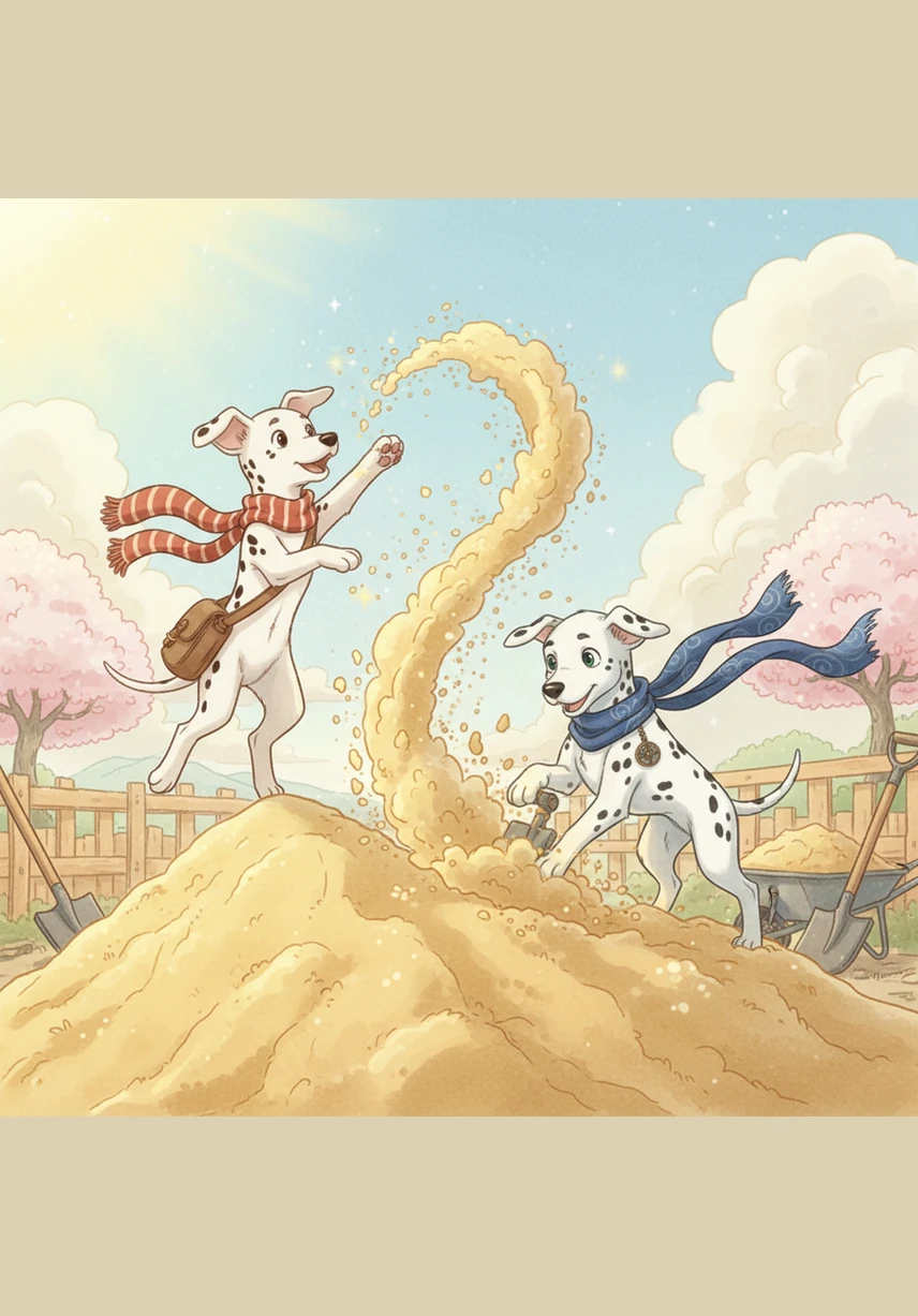 They stumble upon a construction site with a large pile of soft sand. Matrix starts digging immediately, sending sand flying everywhere, while Bobby tries to catch the golden dust in the air.