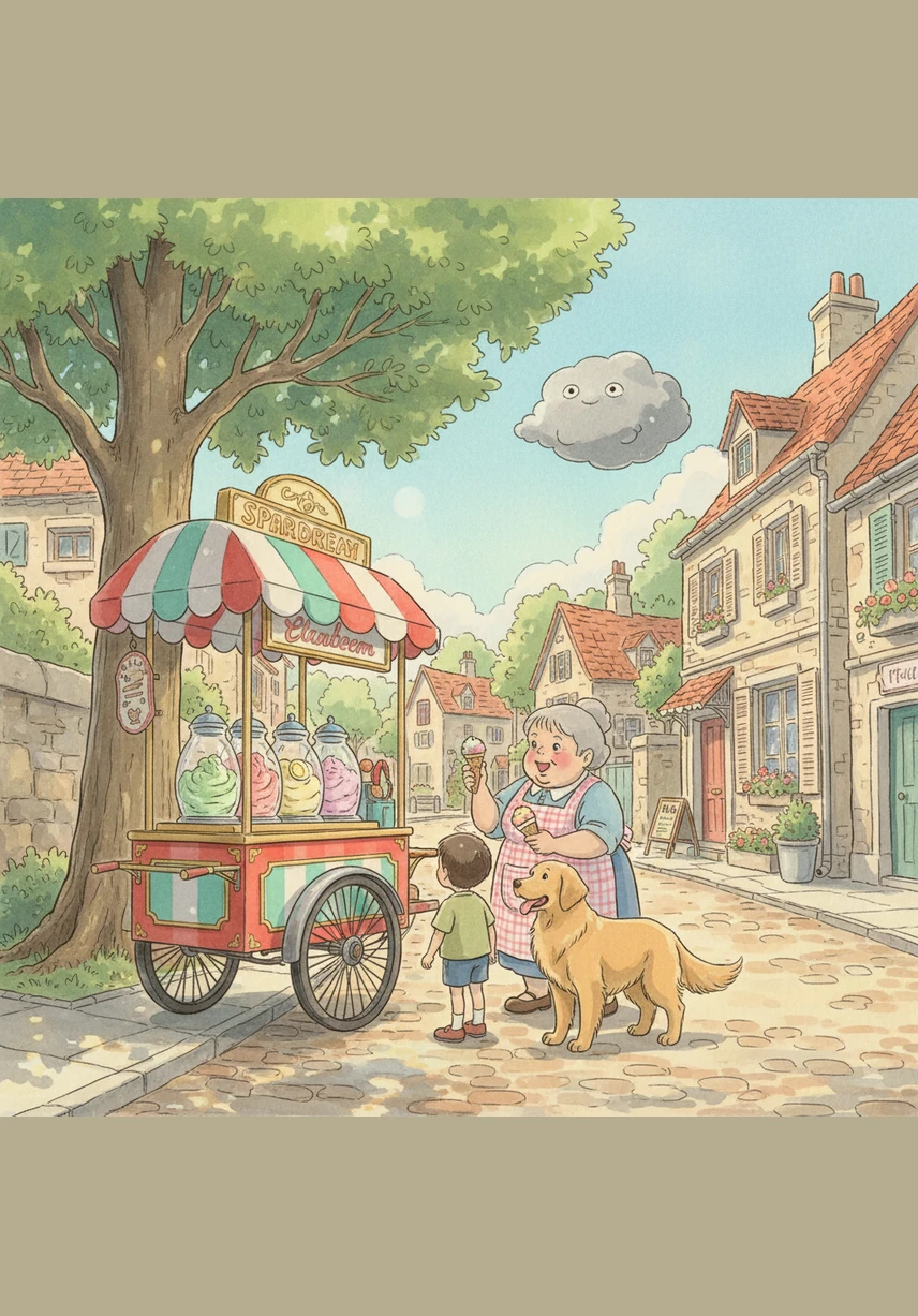 The brothers find an ice cream truck parked by the curb. The kind vendor drops a small scoop of vanilla on the ground, and they both dive in, ending up with sticky white faces.