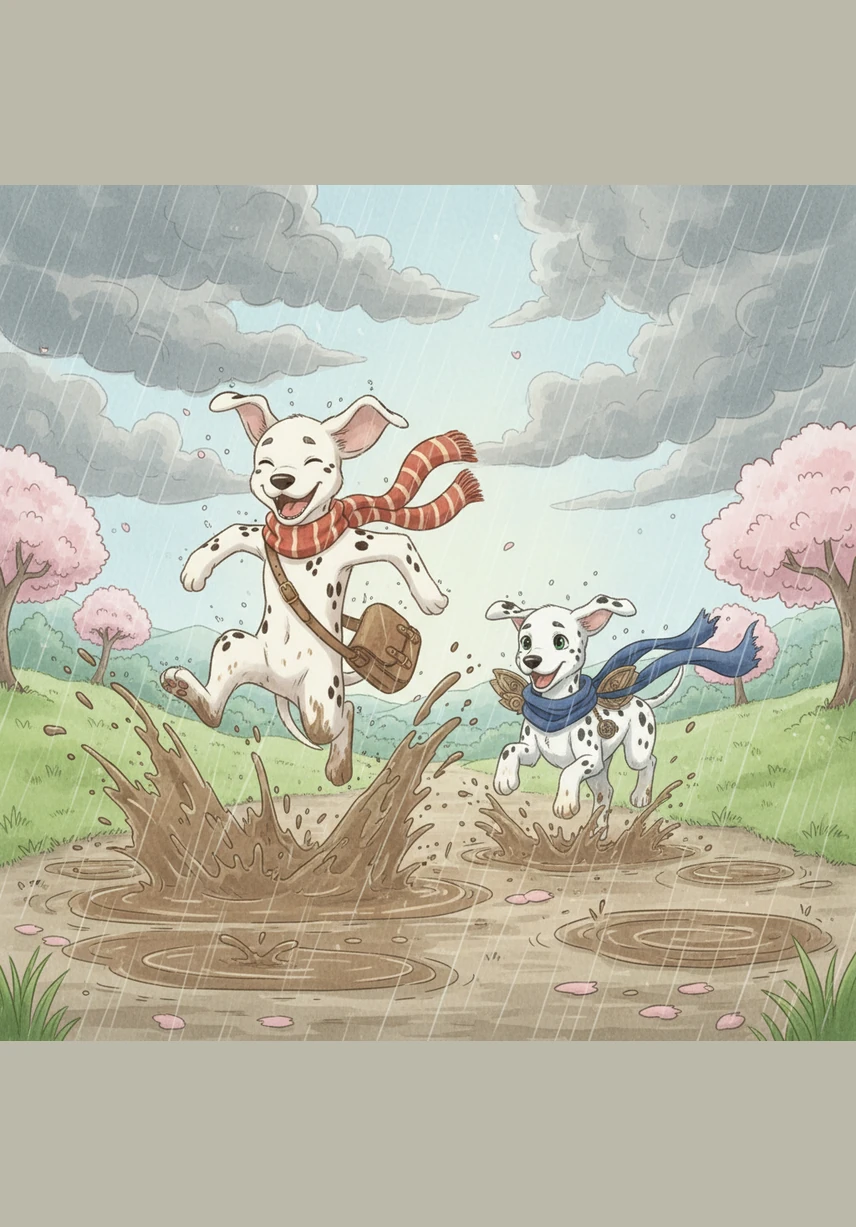 A sudden rain shower starts, turning the dusty paths into slippery mud. Bobby and Matrix zoom through the puddles, splashing brown water all over their bellies and legs.