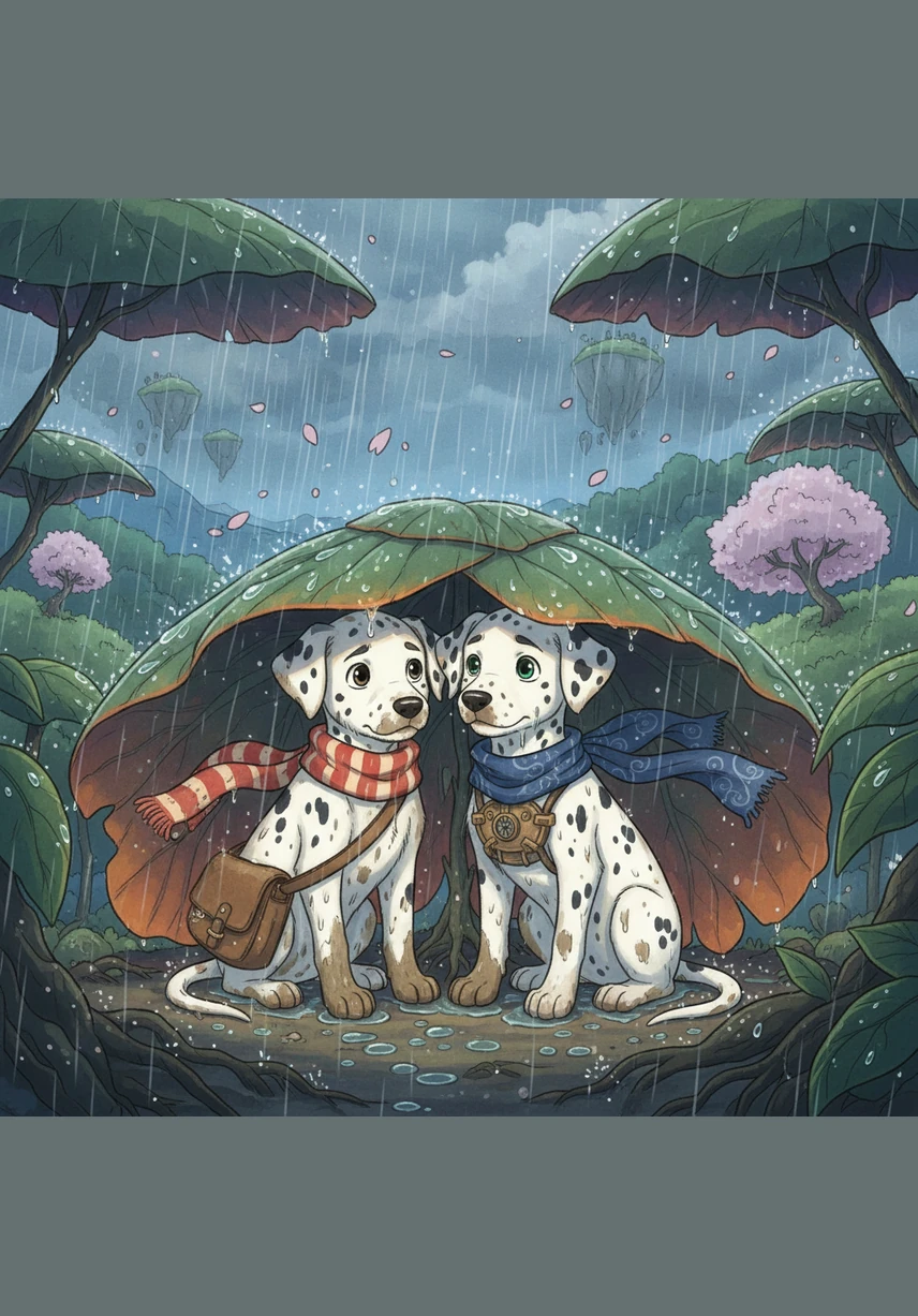 They take shelter under a colorful flower stall, surrounded by bright red roses and yellow daisies. The florist laughs at the two muddy puppies hiding among her beautiful blossoms.