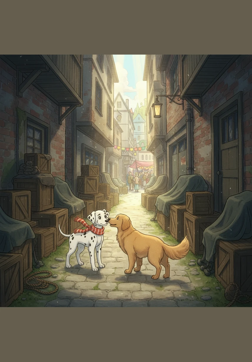 They wander into a quiet alleyway filled with old crates and mysterious shadows. A friendly golden retriever greets them, sniffing their spots and pointing them toward the main road.