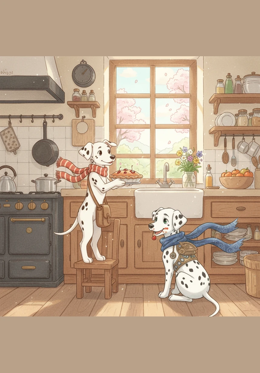 After a much-needed warm bath, the two brothers are white and spotty once again. They shake themselves dry, sending water droplets flying across the kitchen floor.