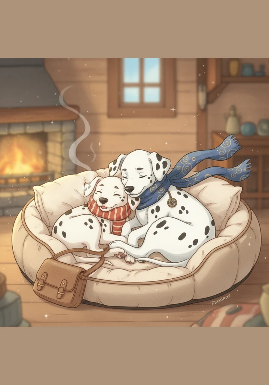 Exhausted from their big adventure, they curl up together in their soft, circular dog bed. Matrix rests his head on Bobby’s back, and Bobby lets out a long, contented sigh.