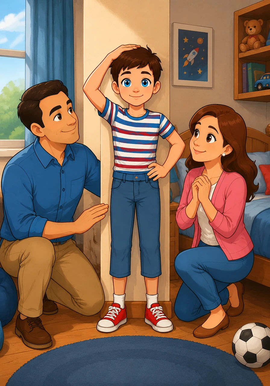 My name is Tom, a ten-year-old boy with bright blue eyes and short brown hair, standing tall in my bedroom. I am growing bigger every day, a natural and exciting part of being a young boy.