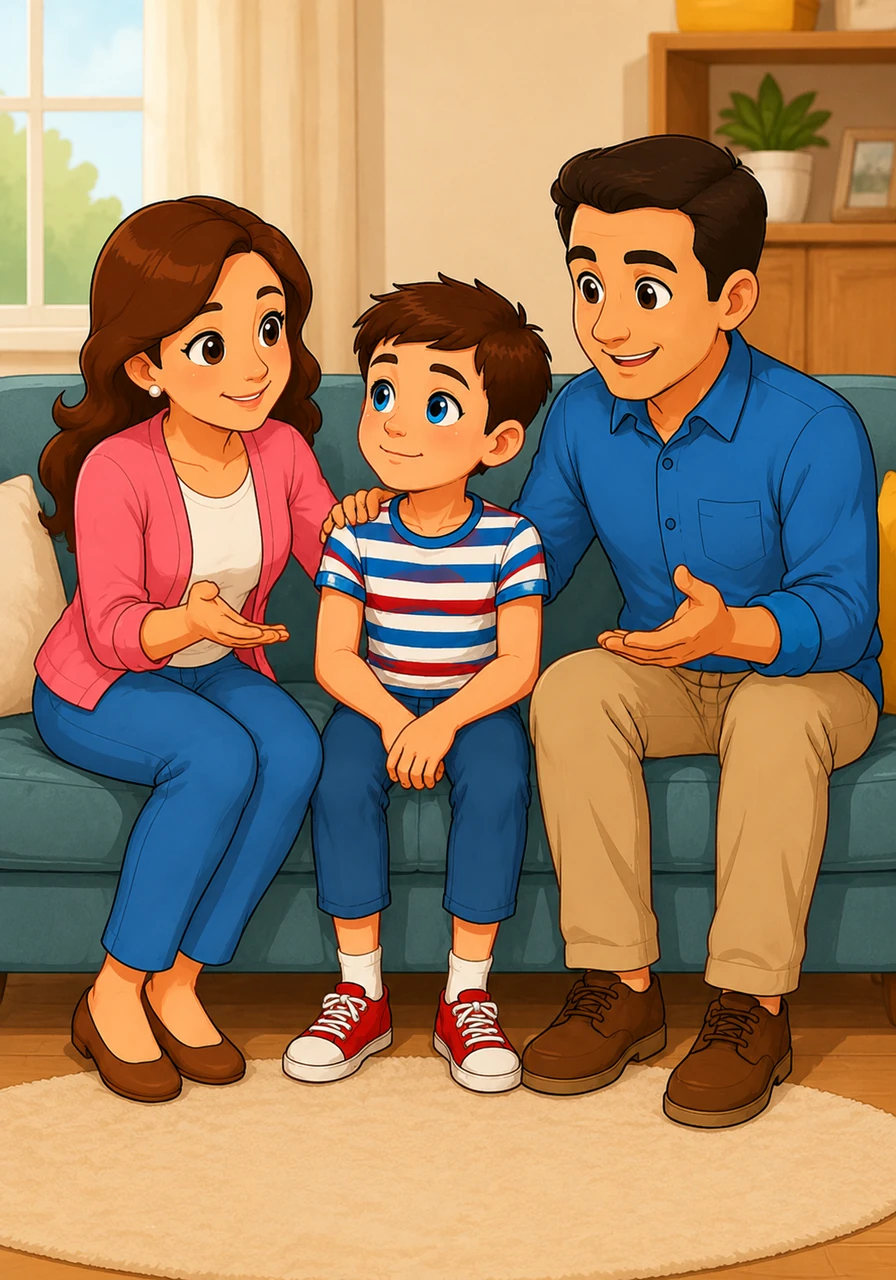 Mum and Dad sit with me and explain that it's okay to feel a bit sad when things change. They remind me that having clothes that fit well is important so I can move freely and feel comfortable all day long.