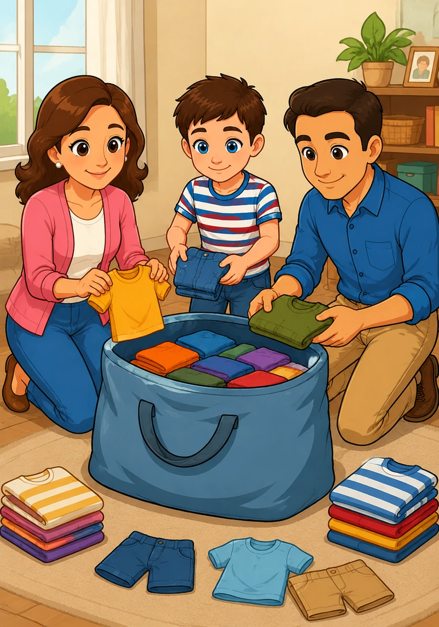 We gather the clothes that are now too small and place them neatly into a large, special bag. Helping my parents pack them up makes the process feel like a shared family mission.