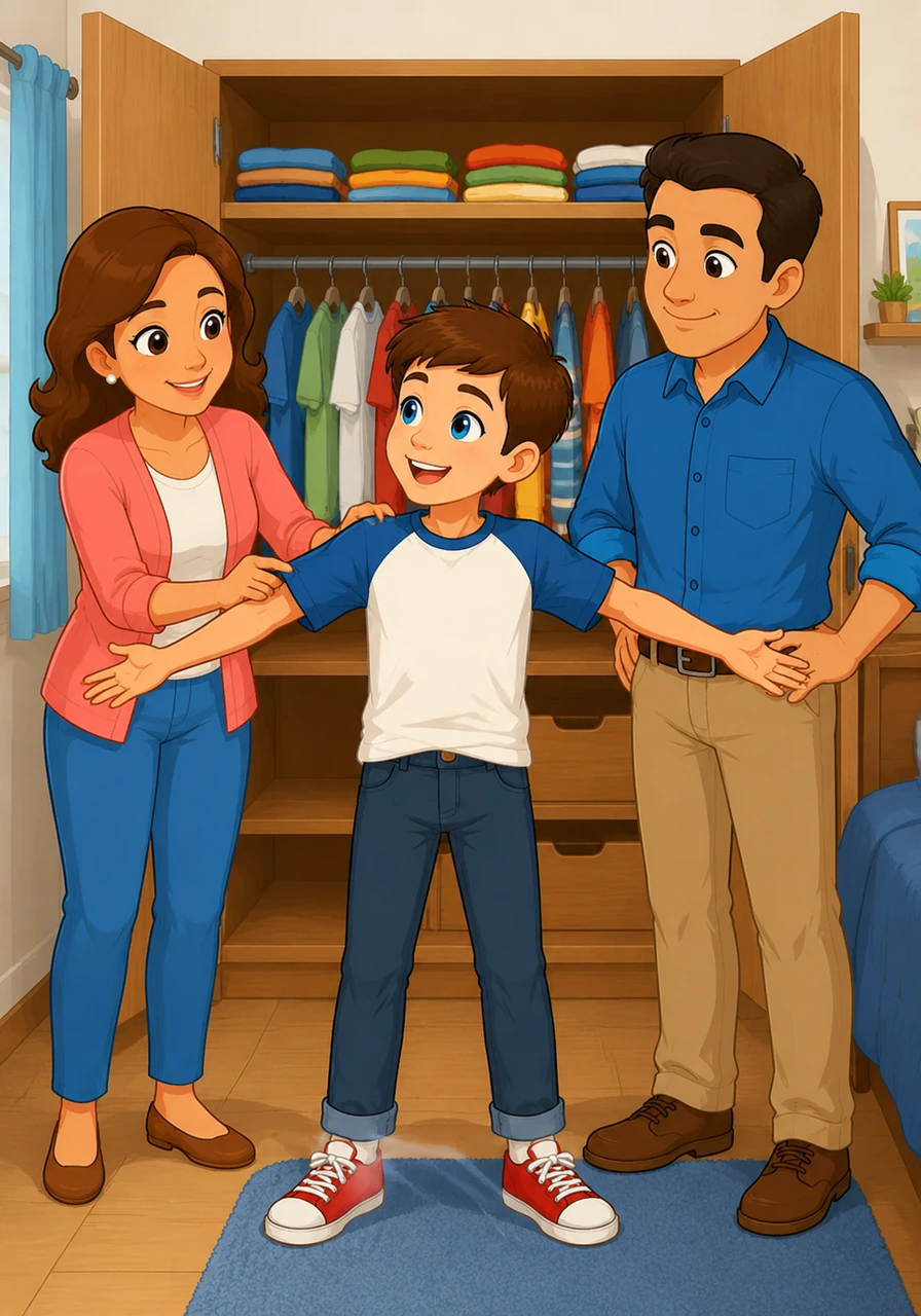 My wardrobe now has plenty of space for new clothes that are just the right size for my ten-year-old body. These new outfits feel soft and roomy, giving my arms and legs all the space they need to play.