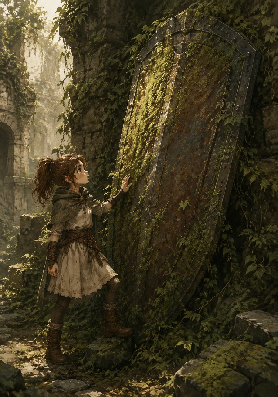 Elara discovers a massive, rusted tower shield half-buried in the overgrown ivy of an ancient stone ruin. It is taller than she is, covered in thick moss and seemingly forgotten by time.