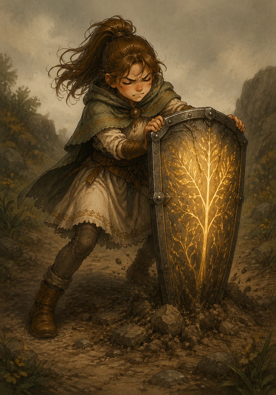 She tries to lift the heavy iron, but it does not budge an inch, remaining rooted firmly to the earth as if it were a part of the very ground itself.