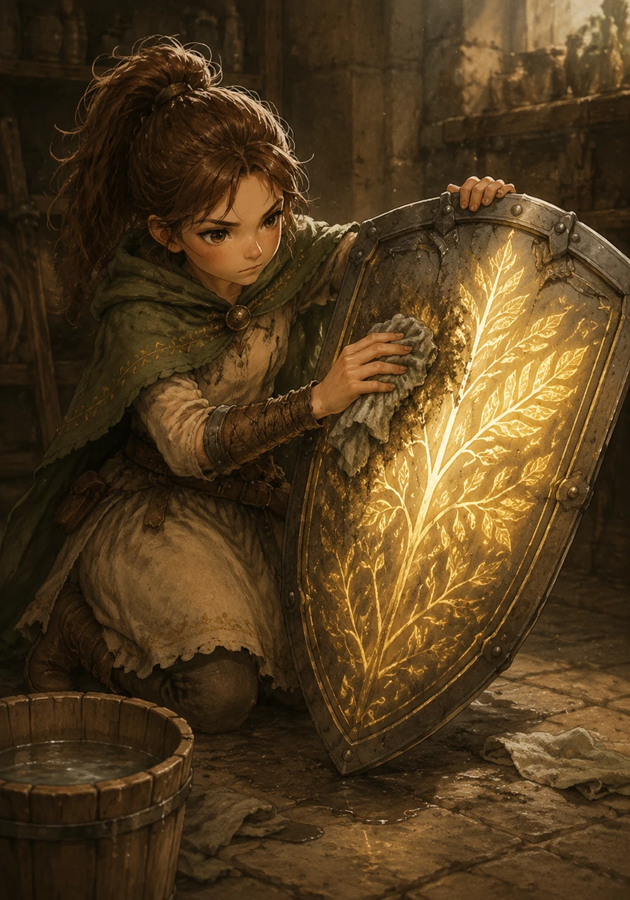 With a soft cloth and a bucket of water, Elara begins to scrub away the grime, revealing intricate, glowing carvings of leaves and roots etched into the metal surface.