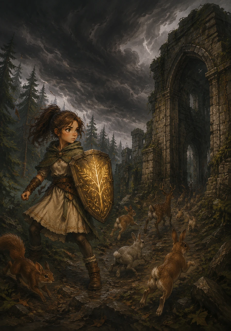 Dark, swirling storm clouds gather suddenly above the forest, sending small woodland creatures scurrying in fear toward the ruins looking for a place to hide.
