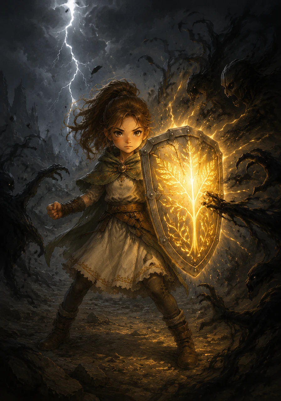 As the first bolt of lightning strikes nearby, the carvings on the shield begin to pulse with a warm, golden light that pushes back the encroaching shadows.