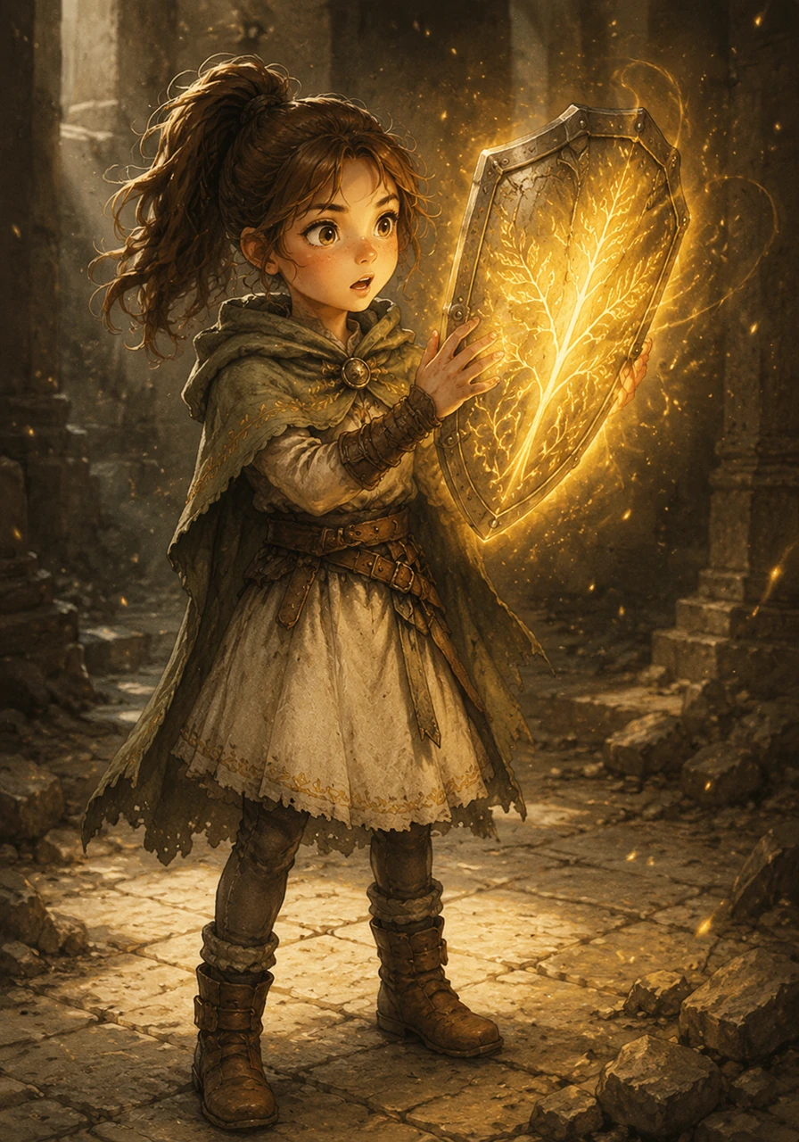 Elara places her small hands against the shield, and to her amazement, it hums with energy and shifts its weight to become light as a feather in her grasp.