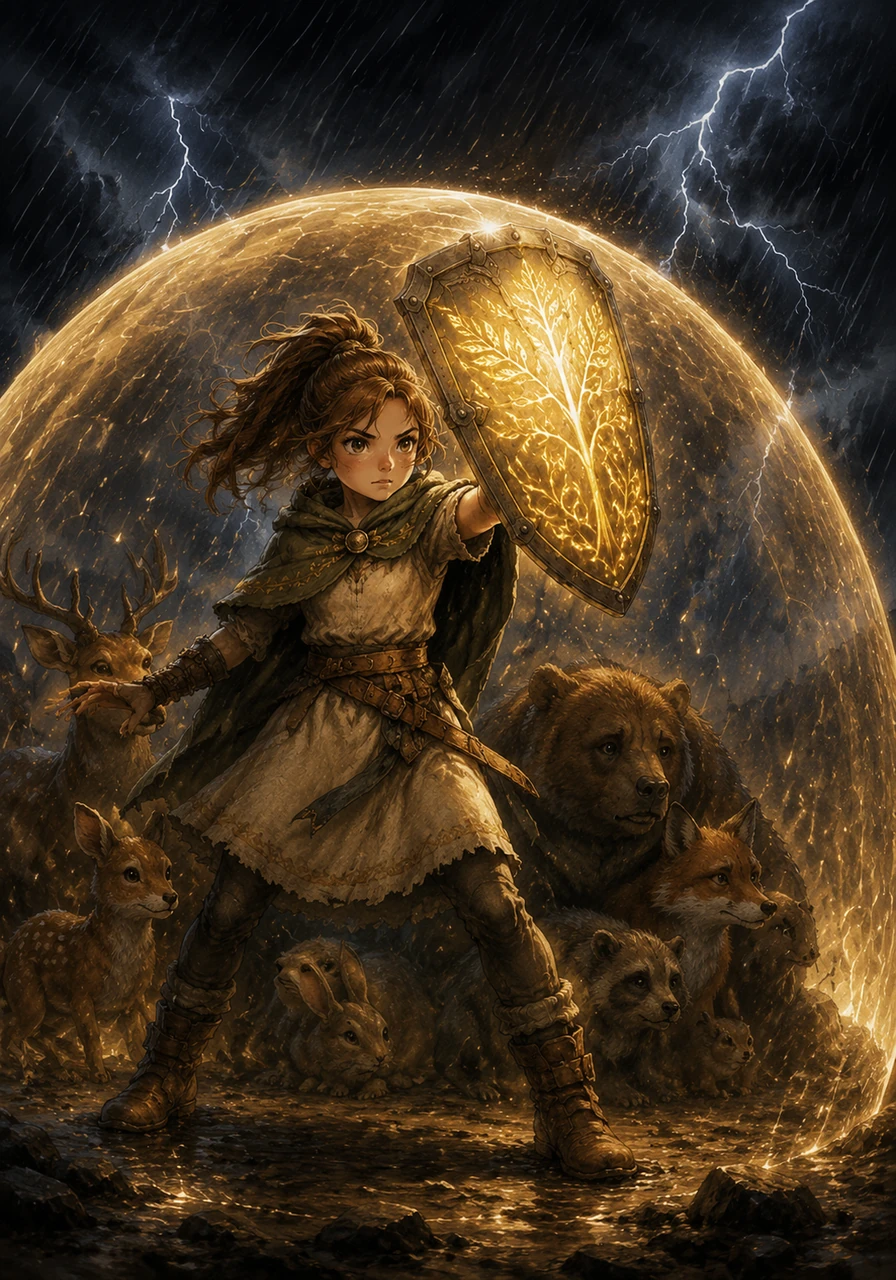 She stands firm, holding the tower shield aloft, creating a shimmering dome of golden light that shelters the terrified animals from the raging tempest outside.