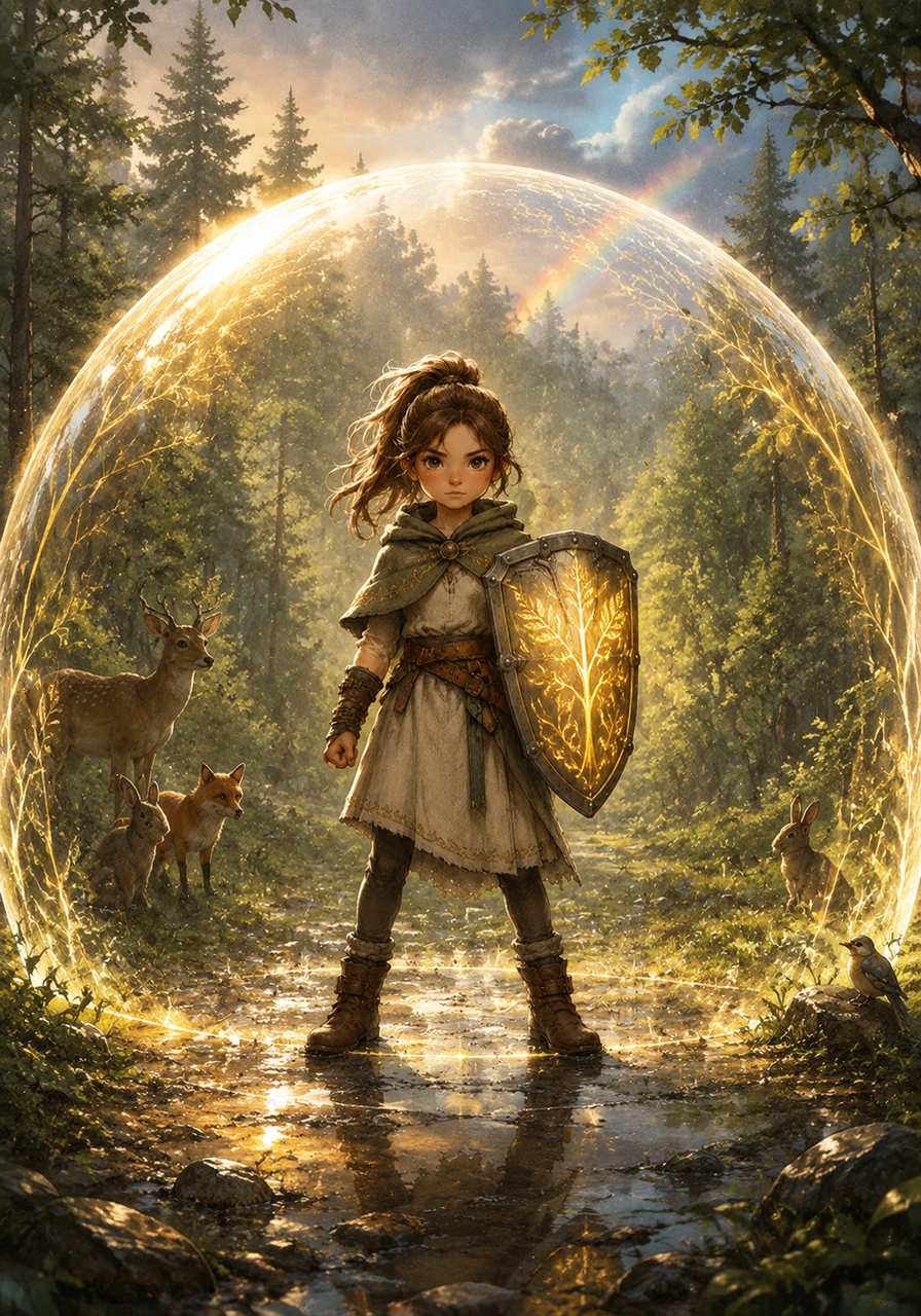 The storm passes as quickly as it arrived, leaving the forest quiet and safe under the protection of the magical barrier Elara created.