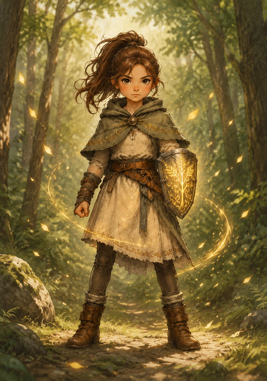 The shield shrinks down until it fits perfectly on Elara’s arm, its ancient duty to the forest now bound to her own brave spirit.