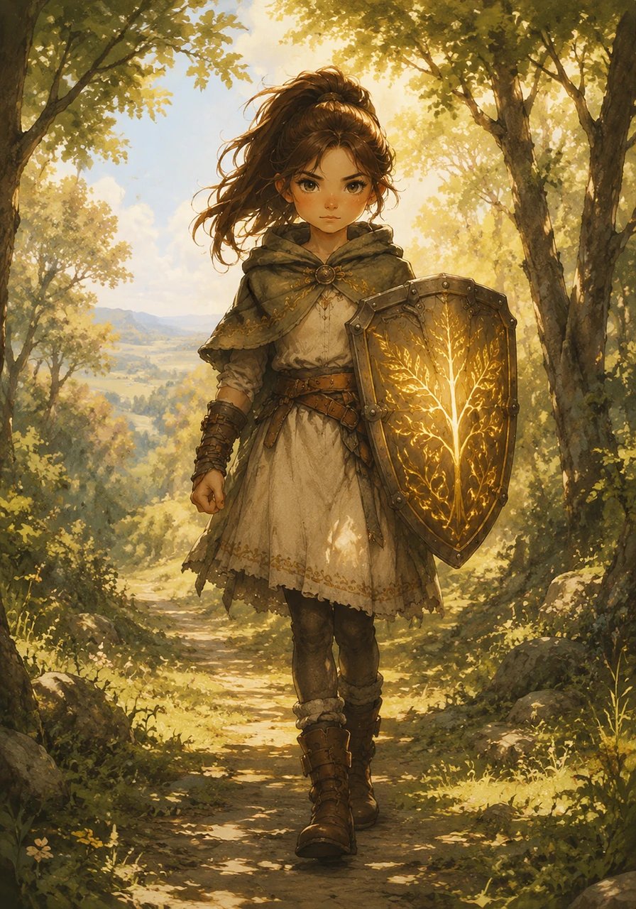 Elara walks through the sun-drenched woods, the tower shield gleaming at her side, ready to protect the land whenever the need arises.
