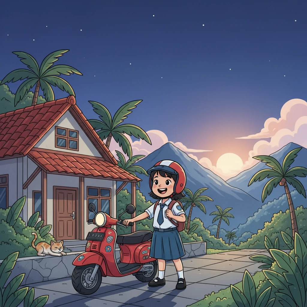 Pagi buta, Bintang sudah bangun. Matahari masih malu-malu muncul di ufuk timur. Dengan semangat, ia bersiap untuk berangkat sekolah dengan sepeda motor kesayangannya.