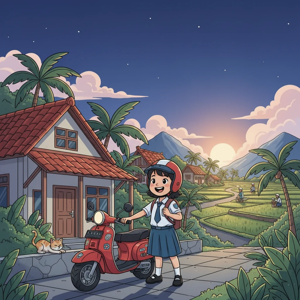 Di jalan, udara pagi yang segar menerpa wajah Bintang. Ia melaju dengan gembira, melewati sawah dan desa yang masih sepi. Senyumnya merekah, siap menyambut hari.