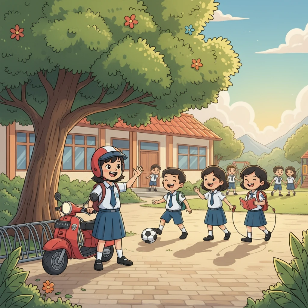 Saat tiba di sekolah, Bintang memarkirkan motornya. Ia bertemu teman-teman dan segera bergabung untuk belajar dan bermain bersama. Hari di sekolah terasa menyenangkan dan penuh tawa.