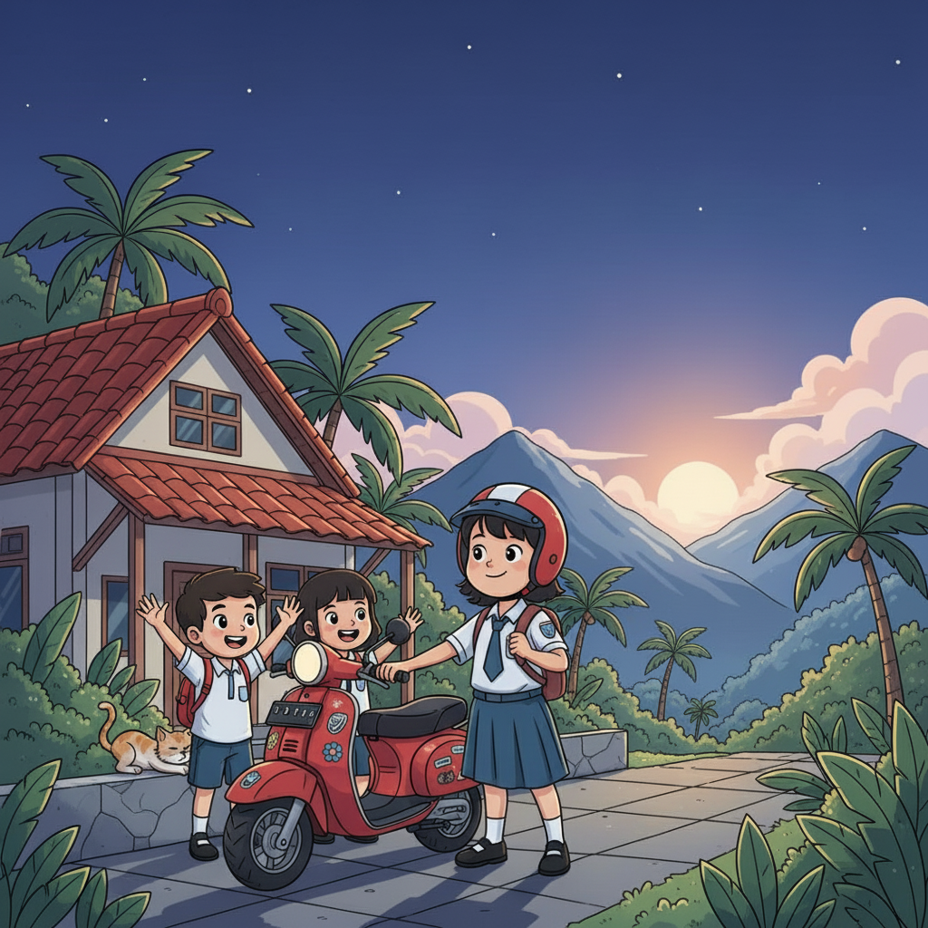 Setelah seharian belajar dan bermain, waktu pulang pun tiba. Bintang berpamitan pada teman-temannya. Ia segera menuju motornya untuk bersiap pulang.