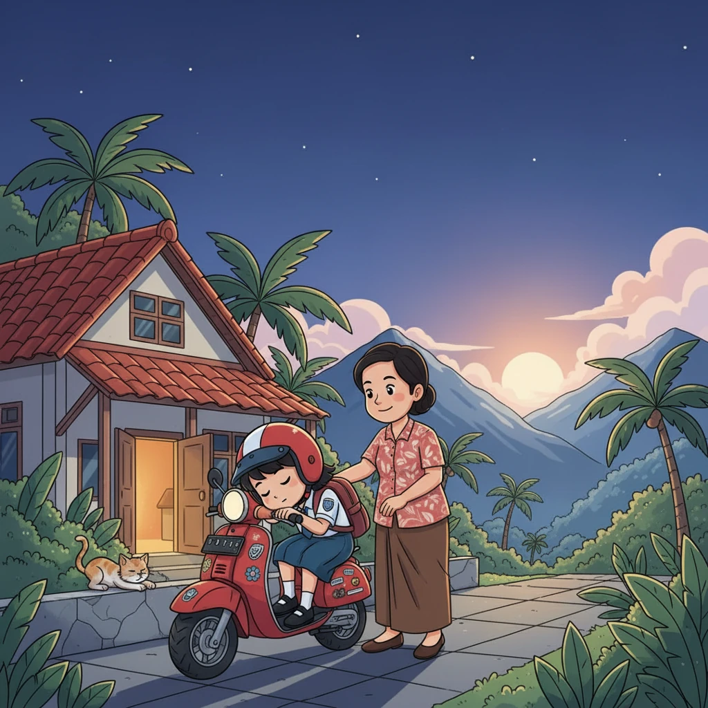 Saat tiba di rumah, Bintang sudah tertidur pulas di atas motor. Senja telah tiba, langit berwarna jingga. Ibunya tersenyum, mengantar Bintang masuk rumah untuk beristirahat.