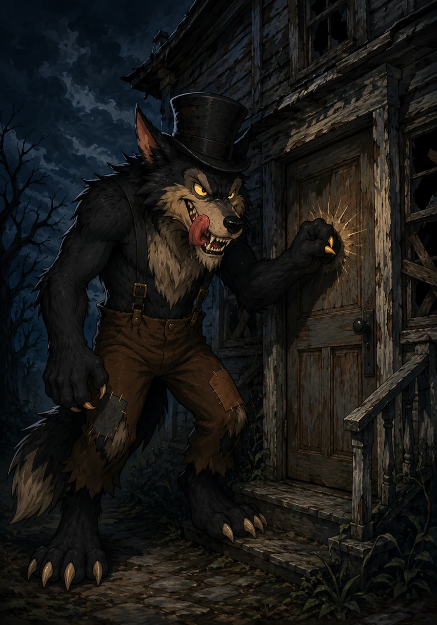 A tall, menacing wolf wearing a tattered 19th-century black top hat and old trousers stands before a decrepit, crooked house in the dead of night. His yellow eyes gleam with malice, and his long tongue slips out to lick his sharp teeth as he knocks forcefully on the rotting wooden door.