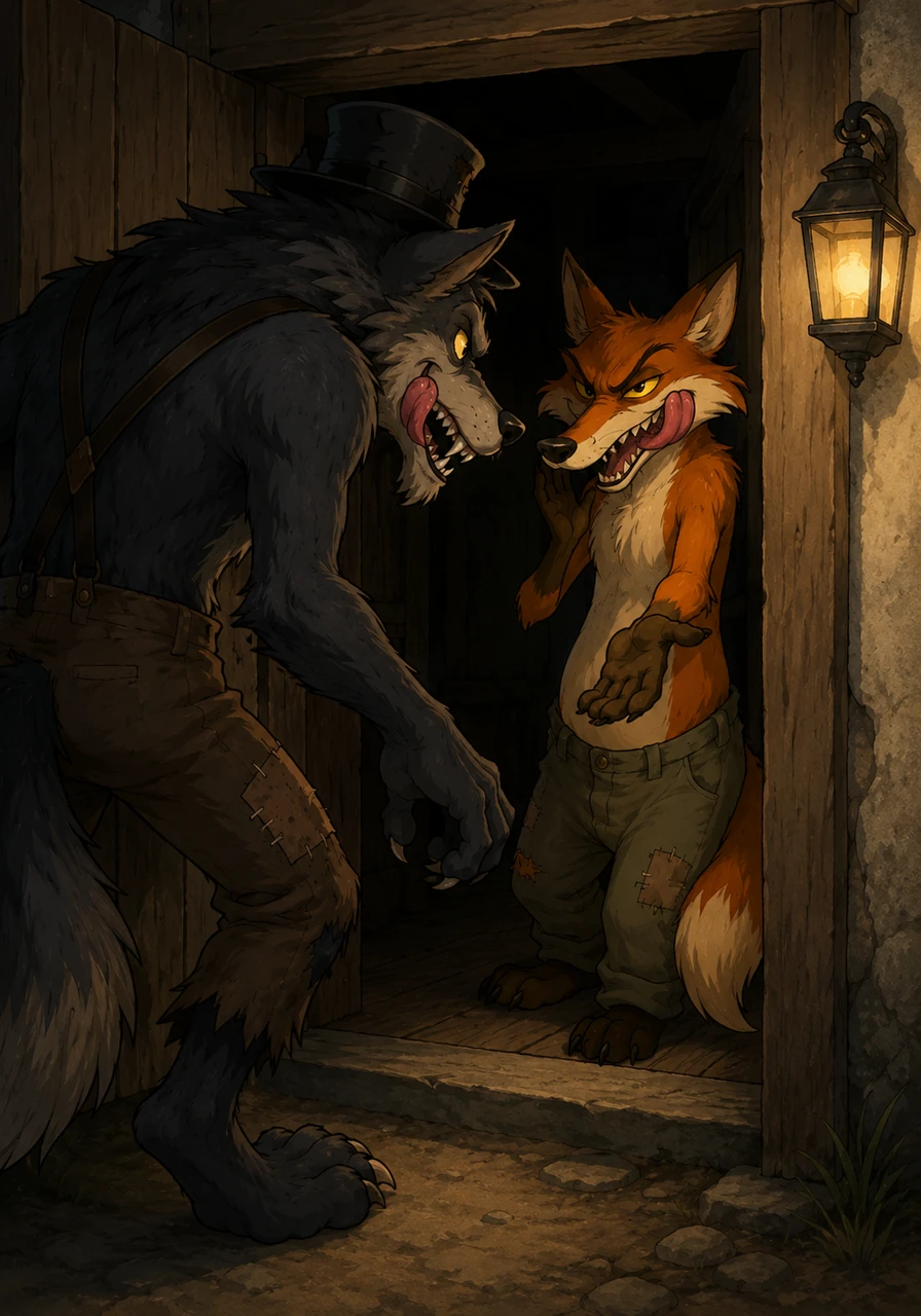 Step inside, Monsieur Wolf, the feast will be served very shortly, Reynard whispers with a malicious grin, gesturing for the predator to enter his dimly lit abode. The wolf steps across the threshold, his gaze locked onto the slender fox, both predators sizing each other up while constantly licking their lips in hunger.