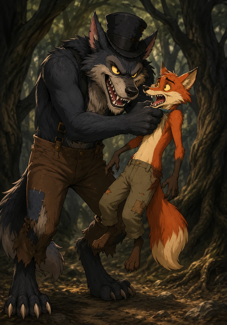Suddenly, the towering wolf lunges forward with a feral roar, grabbing the slender fox tightly by his collar. I am going to devour you right now, fox, the wolf snarls fiercely, his sharp claws digging in as his enormous ears twitch with aggressive delight.
