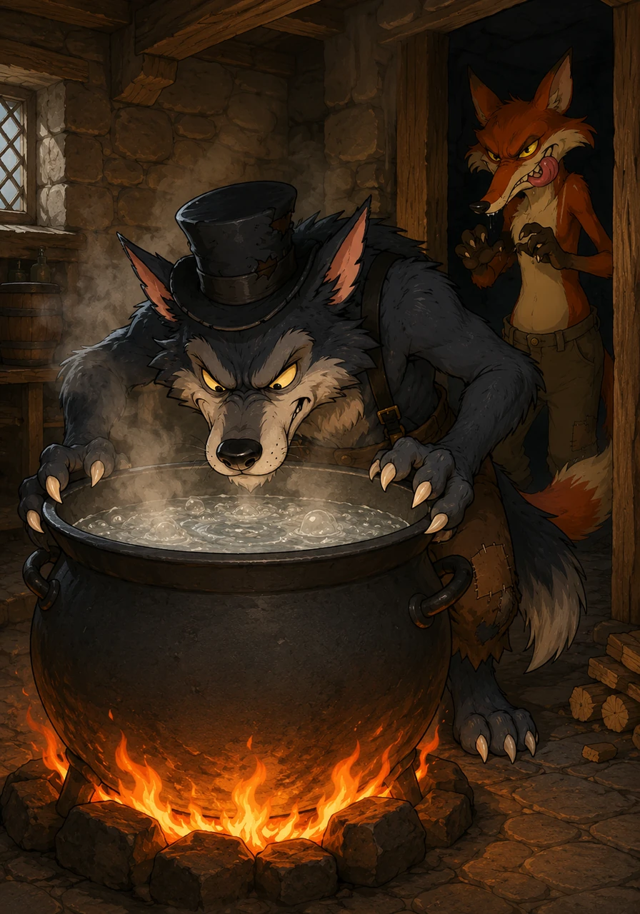 Curiosity and greed overcome the wolf, prompting him to release his grip and stomp over to the massive iron cauldron bubbling over an open flame. He leans heavily over the rim, squinting down into the steaming water to check the temperature, completely oblivious to the shadow creeping up behind him.