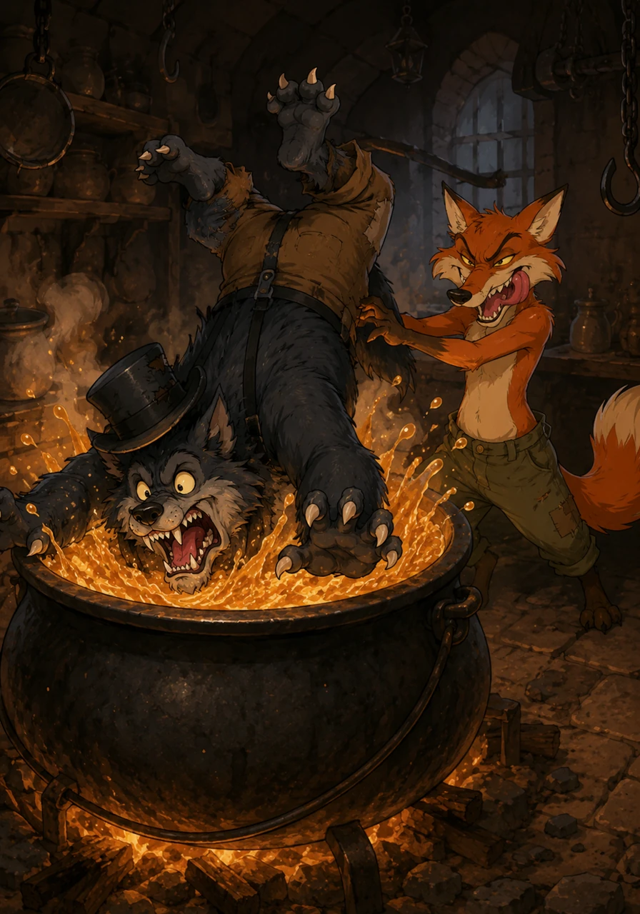 With a sudden burst of strength and a wicked shriek of laughter, Reynard shoves the heavy wolf from behind. The wolf loses his balance and plunges headfirst into the boiling cauldron, his furious screams echoing through the dusty, shadow-drenched kitchen.