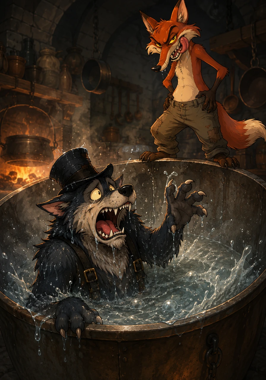 The wolf thrashes wildly in the scalding water, desperately trying to climb out of the massive pot. Reynard stands safely on the rim, watching the chaotic struggle with sadistic amusement, entirely entertained by the success of his trap.