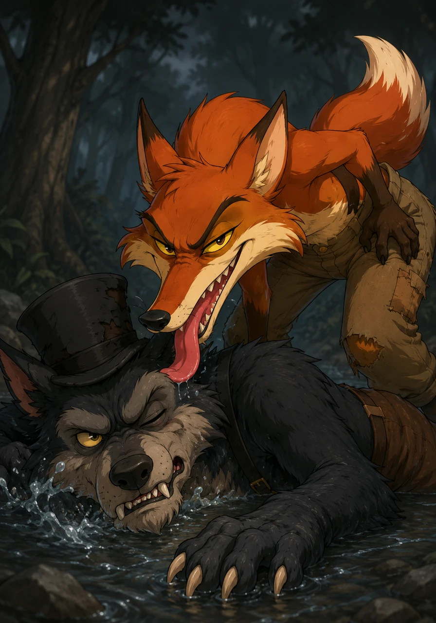 Leaning down close to the splashing water, the fox gives the defeated wolf a mocking flick of his long tongue. Hehehe, it is actually I who will be eating you tonight, the diabolical fox giggles, his yellow eyes dancing with cruel triumph.