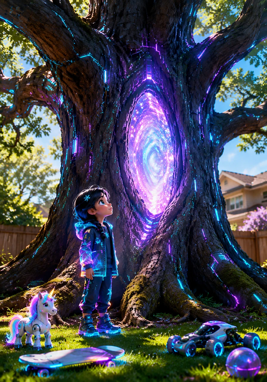 Elsa was playing with her toys on a sunny afternoon in her backyard, when she noticed a curious shimmering hole in the old oak tree's trunk. The light wasn't like daylight; it pulsed and glowed with soft, magical colors, pulling her closer.