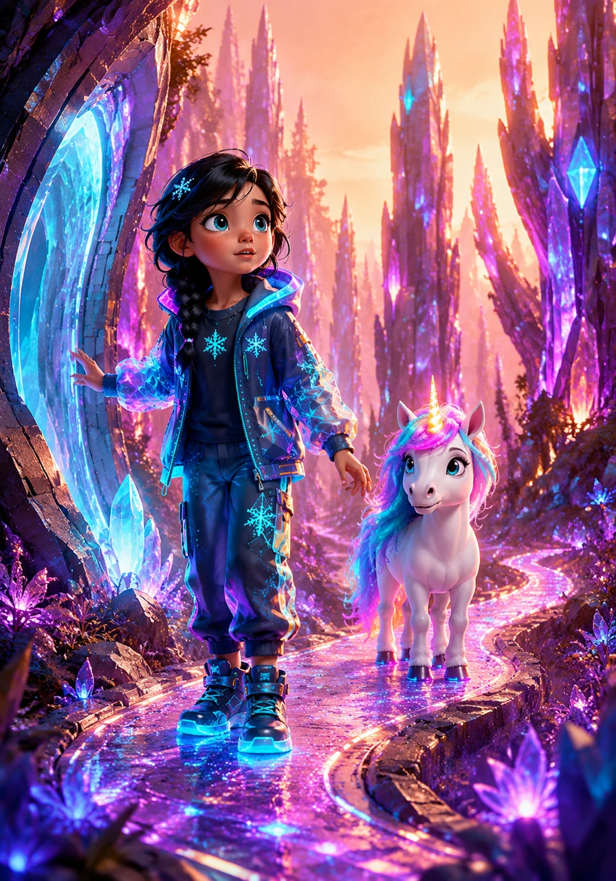Driven by curiosity, Elsa carefully crawled through the glowing opening and found herself standing on a winding, sparkling path. Instead of ordinary trees, towering structures made of shimmering crystalline rocks reached towards a warm, peach-colored sky.