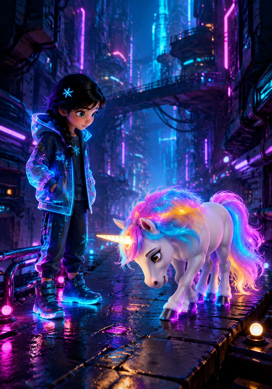Walking along the path, she soon came upon a beautiful, gentle creature with a single glowing horn – a unicorn! The unicorn didn't run away; instead, it dipped its head in a friendly greeting, and its eyes sparkled with warmth and intelligence.