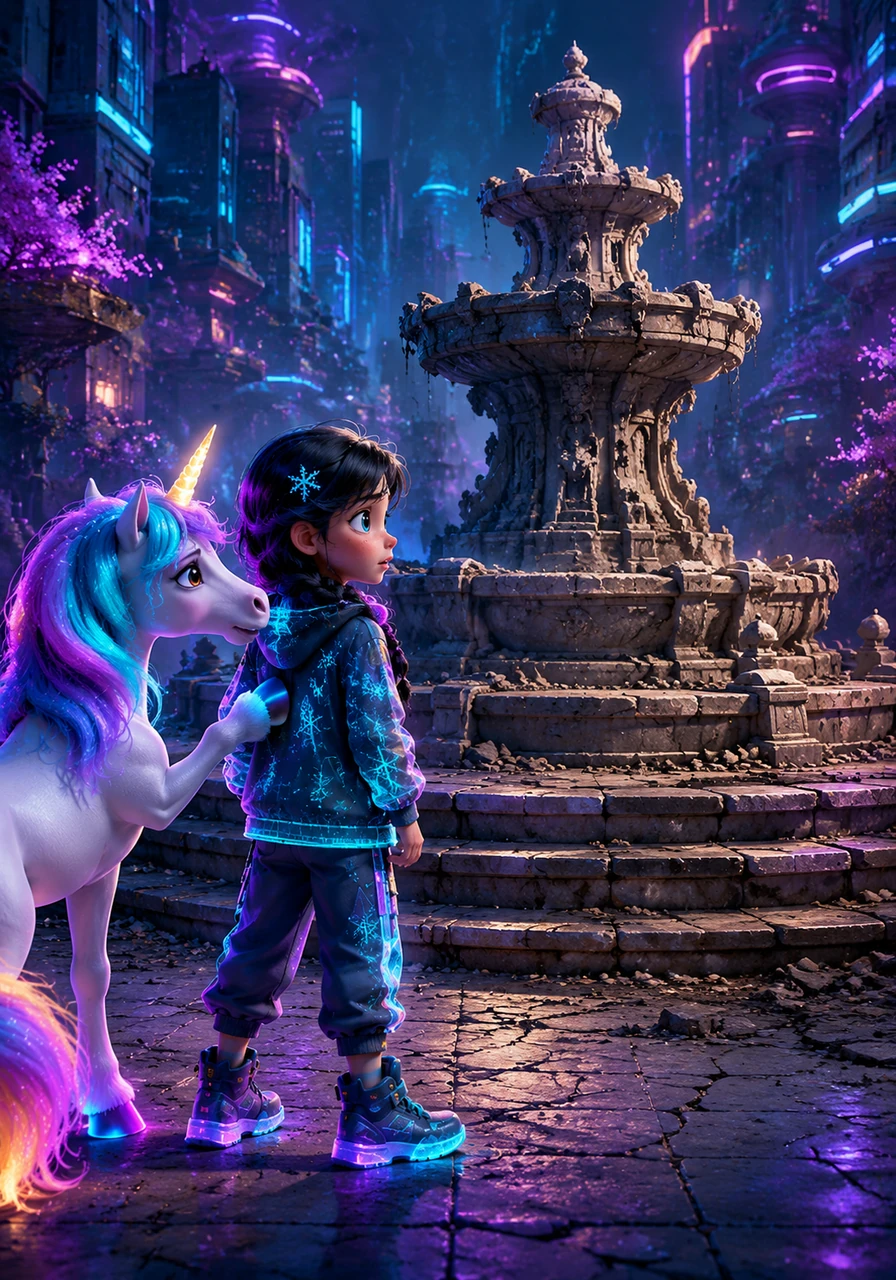 Through gentle sounds and nudges, the unicorn, whom Elsa decided to call Twinkle, conveyed that something was wrong in this beautiful land. Twinkle led her to a large, elaborate stone fountain that was completely silent, its usually flowing waters gone and only dry, cracked stones remaining.