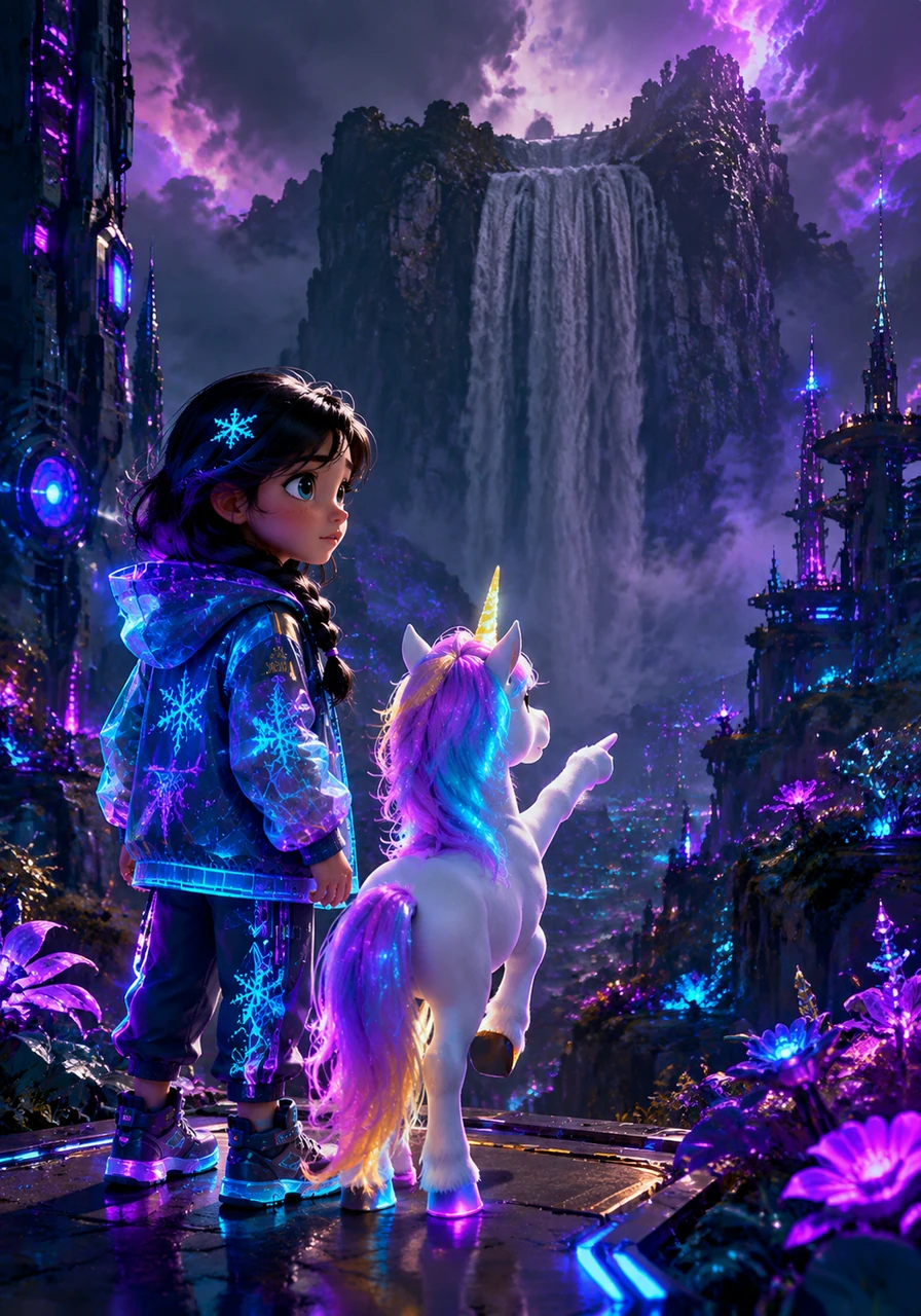 Twinkle explained that the rainbow waterfall, the source of the land's colors and the fountain's water, had somehow stopped flowing. Elsa could see the waterfall far in the distance, appearing dull and grey against the otherwise vibrant, colorful environment.