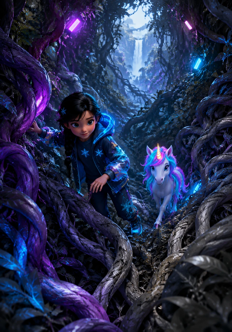 Elsa didn't hesitate to help; she couldn't let such a wonderful place lose its color. Together, they navigated through thick, winding vines that were starting to turn grey, carefully making their way towards the distant waterfall.
