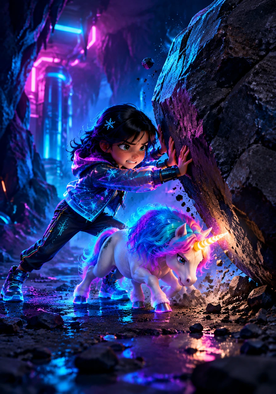 With a combined effort, Elsa pushed with all her might and Twinkle used the sturdy strength of its horn to nudge the boulder. After one big push together, the rock gave way and rolled to the side.