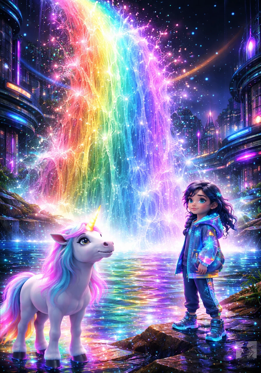 A powerful, brilliant surge of rainbow water gushed forth, instantly filling the air with misty, shimmering colors that danced everywhere. The waterfall’s vibrant glow spread quickly through the rivers and air, and the distant fountain began to bubble happily once more.