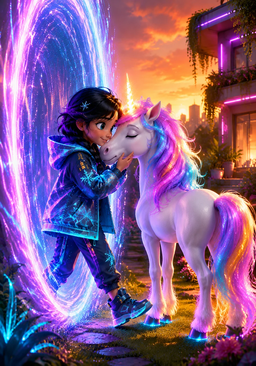 The land was safe, and the colors were brighter than ever. After a heartwarming nuzzle from her new friend, Elsa said goodbye and walked back through the portal, returning to her peaceful backyard just as the evening sun was setting, keeping the magic of her unicorn adventure safe in her heart.