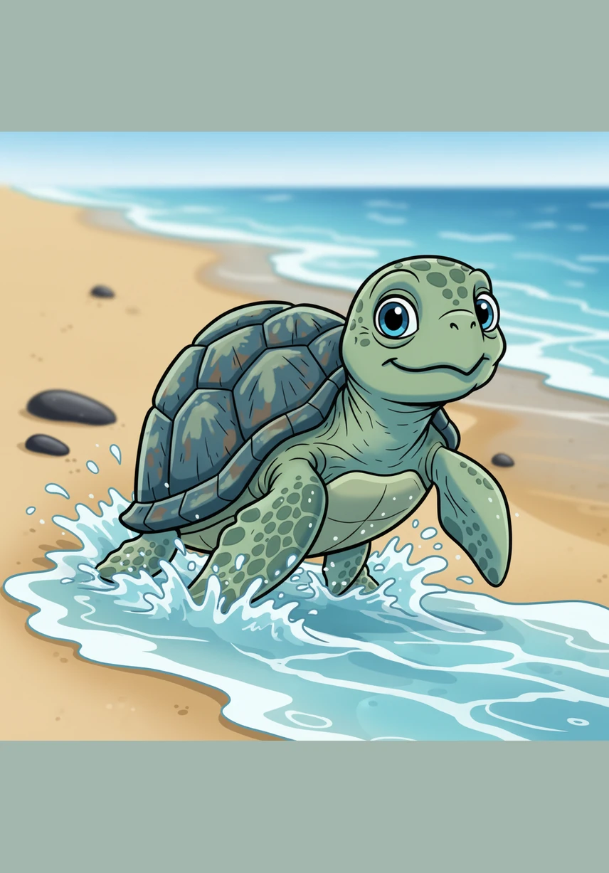 他迈着笨拙的小脚掌，勇敢地迎向拍打岸边的浪花，当清凉的海水没过身体，他感到了前所未有的自由。