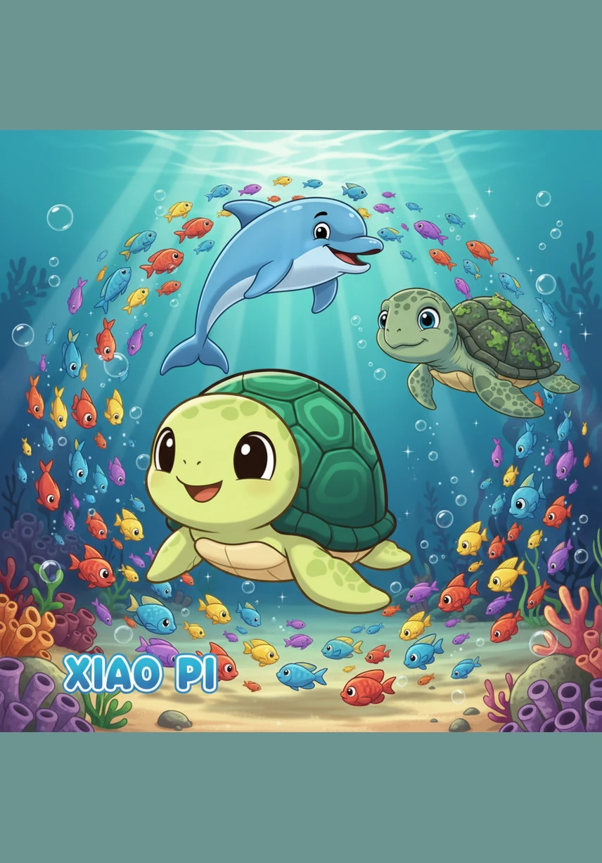 潜入水中，一群色彩斑斓的热带鱼像彩虹一样掠过，小皮睁大眼睛，惊喜地看着这个充满生命力的奇妙世界。